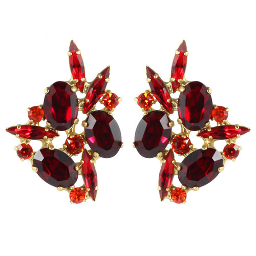 Harlequin Market Austrian Crystal Earrings - Ruby Red - Hyacinth - Gold (Clip-on)