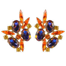 Load image into Gallery viewer, Harlequin Market Austrian Crystal Earrings - Orange - Heliotrope - Gold (Clip-On)