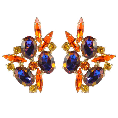 Harlequin Market Austrian Crystal Earrings - Orange - Heliotrope - Gold (Clip-On)