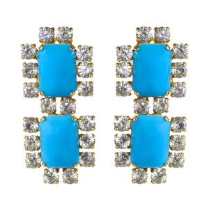 Harlequin Market Austrian Crystal Earrings - Turquoise - Clear - Gold (Clip-on)