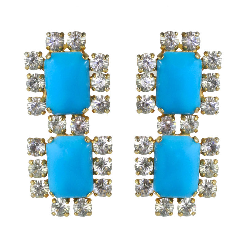 Harlequin Market Austrian Crystal Earrings - Turquoise - Clear - Gold (Clip-on)