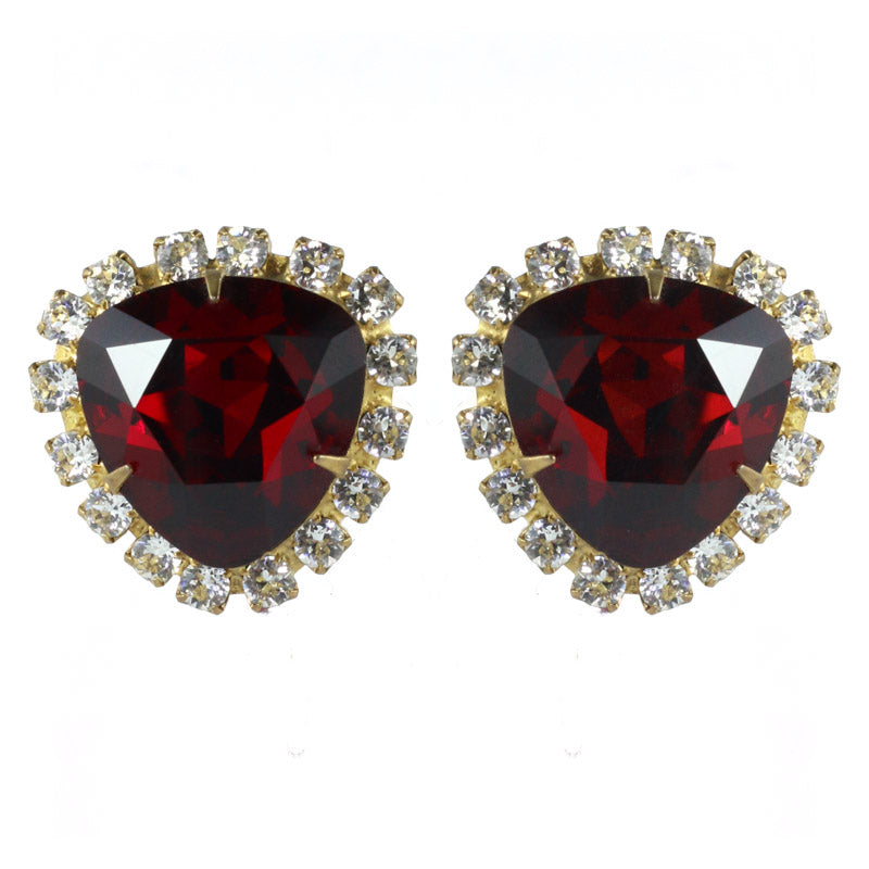 Harlequin Market Austrian Crystal Ruby Red-Clear-Gold Earrings- (Clip-On)