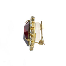 Load image into Gallery viewer, Harlequin Market Austrian Crystal Ruby Red-Clear-Gold Earrings- (Clip-On)