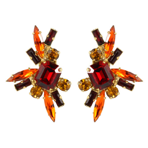 Harlequin Market Austrian Crystal Earrings - Orange - Ruby - Gold (Pierced)