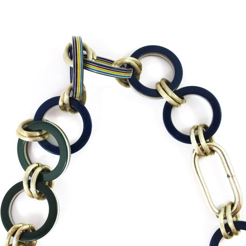 Vintage navy - green and metal chain necklace c. 1970