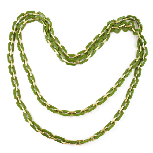 Vintage lime green - gold lucite chain necklace c. 1960