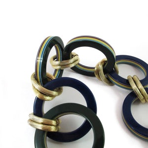 Vintage navy - green and metal chain necklace c. 1970