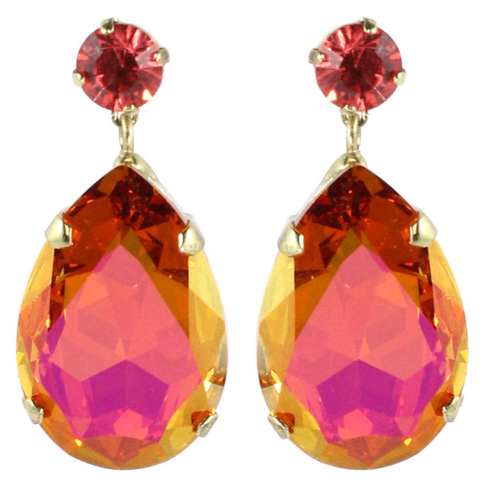 HQM Teardrop Austrian Crystal Earrings - Faceted Pink and Orange - (Pierced)