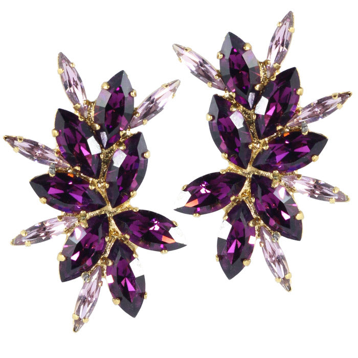 Harlequin Market Austrian Crystal Cluster Earrings - Amethyst-Light Amethyst-Gold Plating (Clip-On Earrings)