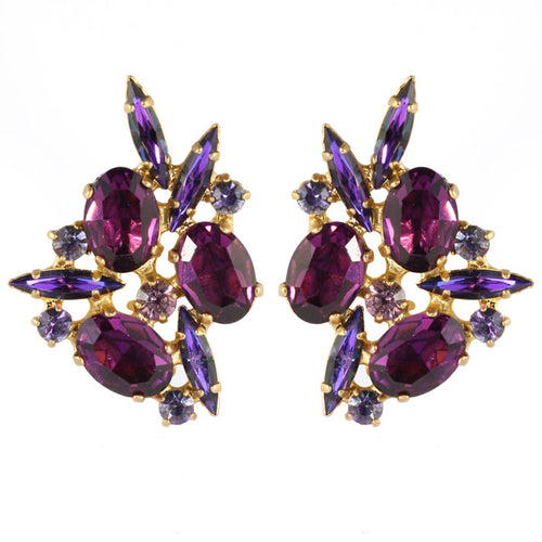 Harlequin Market Austrian Crystal Cluster Earrings - Amethyst - Gold Plating (Clip-On Earrings)