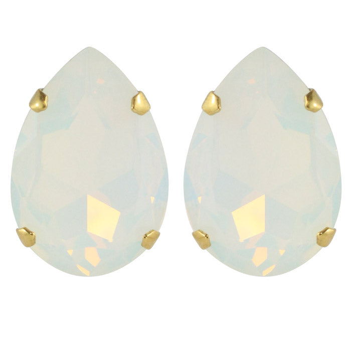 Harlequin Market Austrian Crystal Large Teardrop Stud Earrings - White Opal - Gold (Pierced)