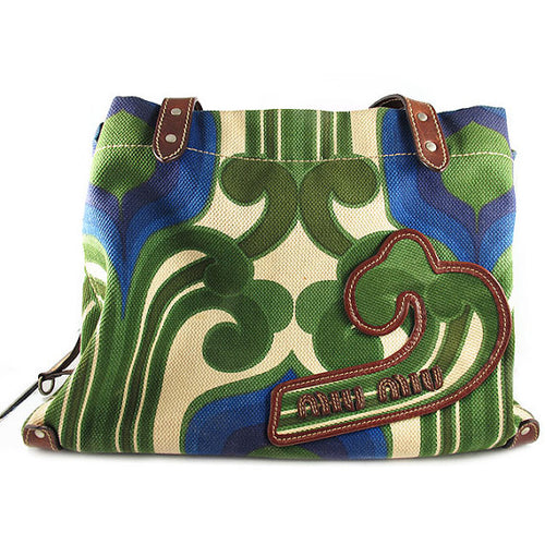 Pre Owned Miu Miu Retro Inspired Green, Blue and Tan Leather Bag c. 1990