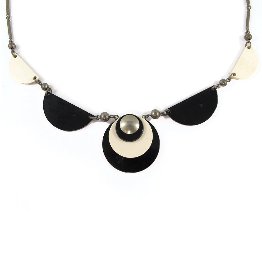 Vintage 1930's Jakob Bengel Necklace - Black & white Galalith and Chrome