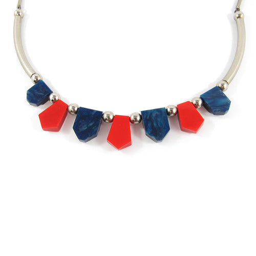 Vintage 1930's Jakob Bengel Necklace - Red and Blue Galalith and Chrome