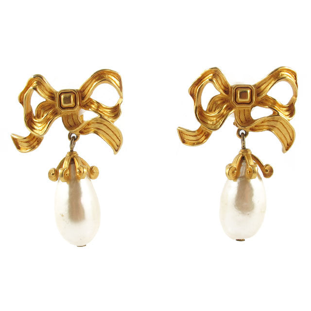 Vintage Signed 'Karl Lagerfeld' Faux Pearl Bow Earrings c. 1970's