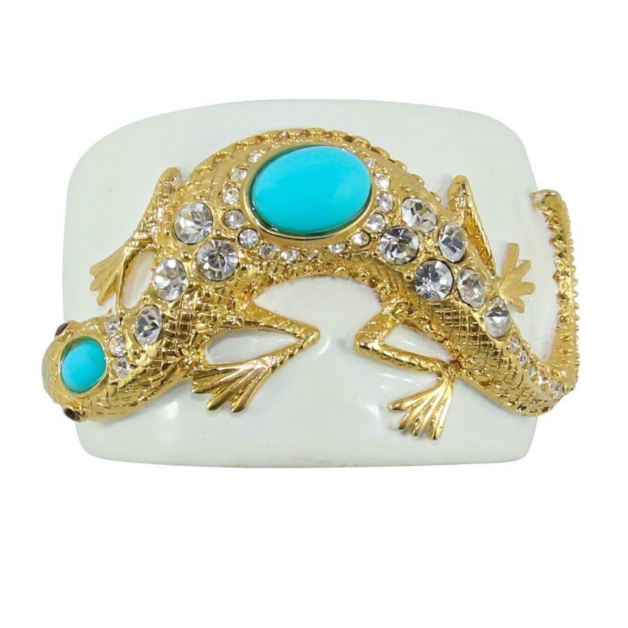 Signed KJL Creme Enamel - Crystal - Turquoise Cabochon Kenneth Jay Lane Lizard Hinged Cuff c. 1990