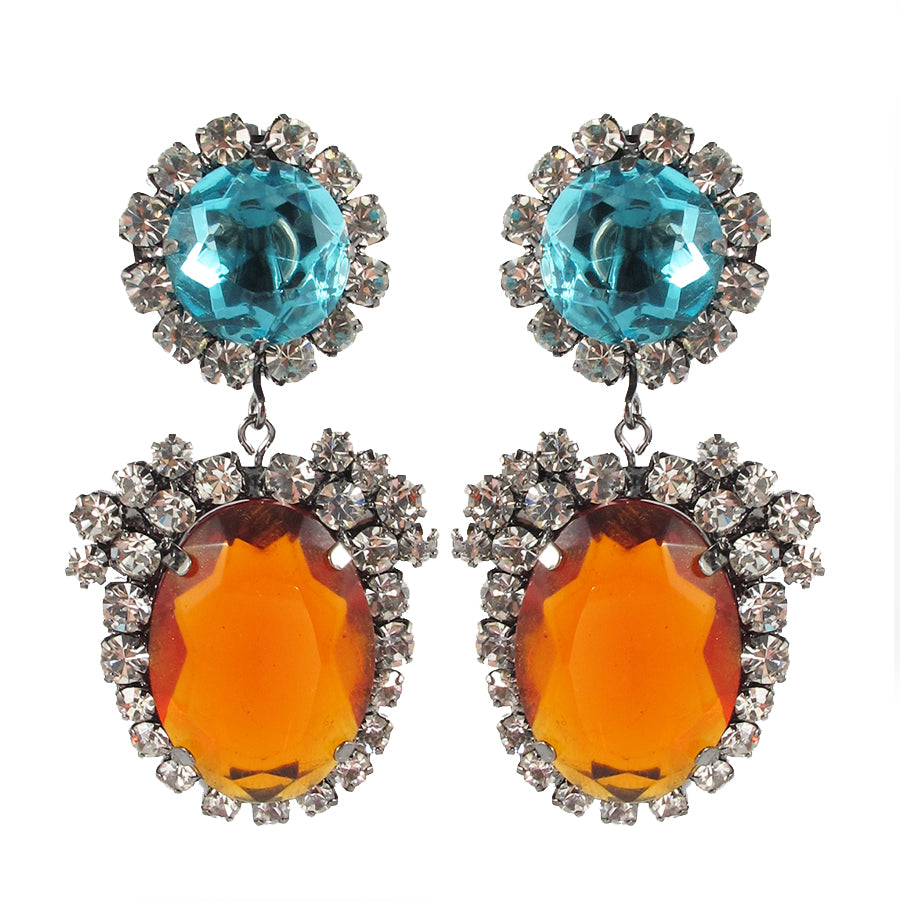 Kenneth Jay Lane KJL Signed Crystal Aquamarine and Topaz Drop Earrings