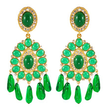 Load image into Gallery viewer, Kenneth Jay Lane KJL Signed Crystal Cabochon Emerald Chandelier Earrings