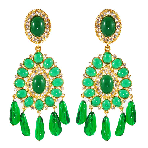 Kenneth Jay Lane KJL Signed Crystal Cabochon Emerald Chandelier Earrings