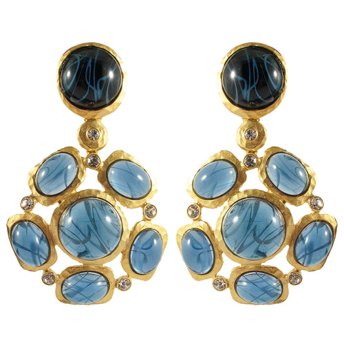 Kenneth Jay Lane KJL Signed Blue Cabochon Bead & Clear Crystal Earrings