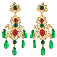 Load image into Gallery viewer, Kenneth Jay Lane KJL Signed Cabochon Ruby &amp; Emerald Filigree Chandelier Earrings