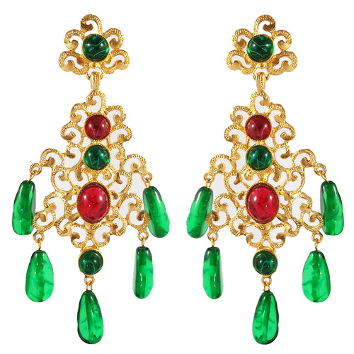 Kenneth Jay Lane KJL Signed Cabochon Ruby & Emerald Filigree Chandelier Earrings