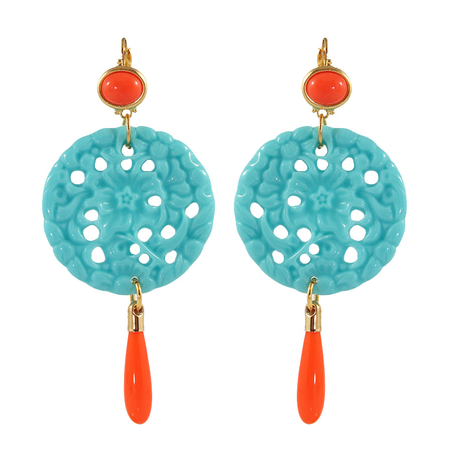 Kenneth Jay Lane KJL Signed Turquoise & Coral Resin Earrings