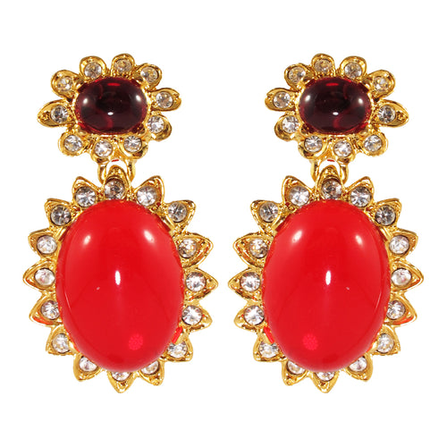 Kenneth Jay Lane KJL Signed Ruby Cabochon & Clear Crystal Earrings