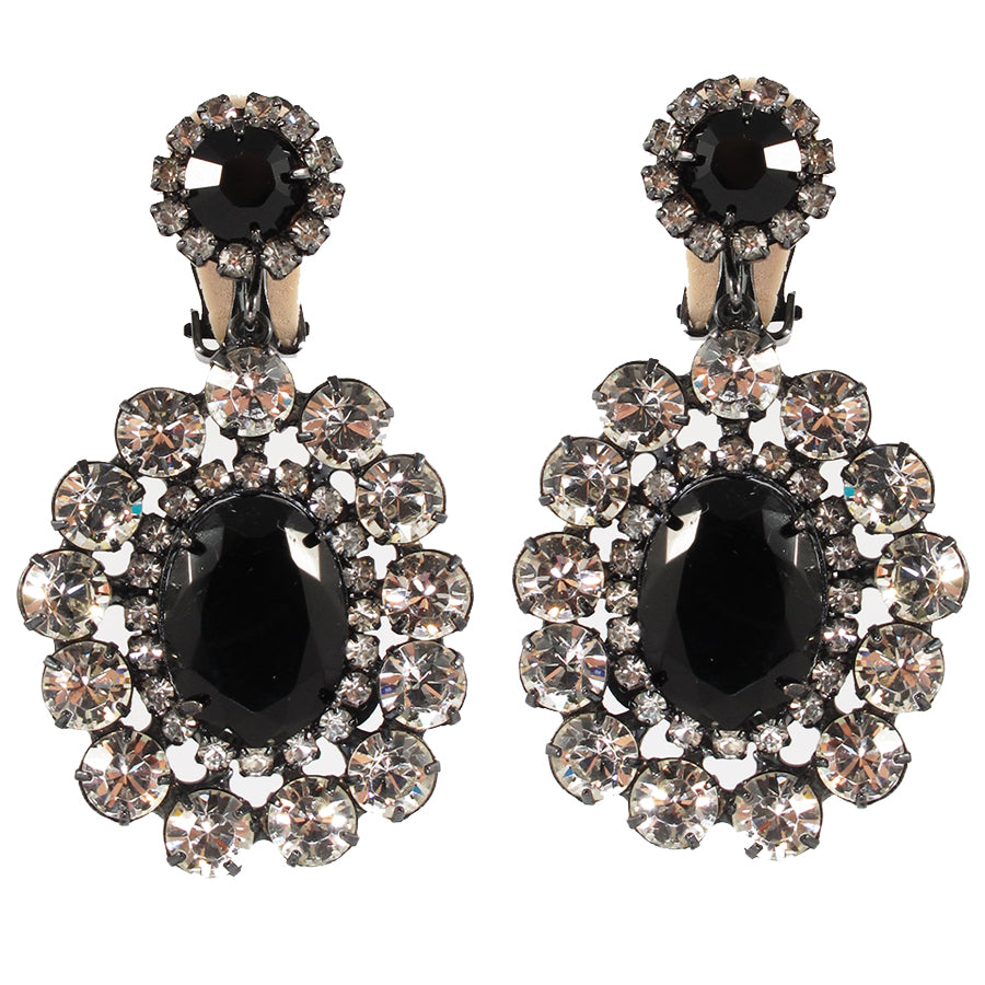 Kenneth Jay Lane KJL Signed Black & Clear Crystal Drop Earrings- (Clip-On Earrings)