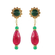 Load image into Gallery viewer, Kenneth Jay Lane KJL Signed Ruby &amp; Emerald Cabochon, Crystal &amp; Faux Pearl Earring