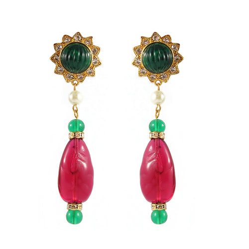 Kenneth Jay Lane KJL Signed Ruby & Emerald Cabochon, Crystal & Faux Pearl Earring