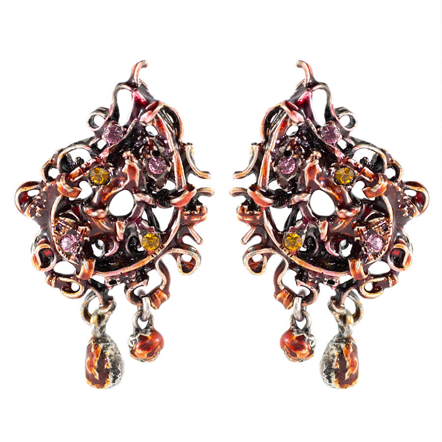 Christian Lacroix Signed Vintage Intricate Enamel Rhinestones Earrings c. 1980 - (Clip On Earrings) - Harlequin Market