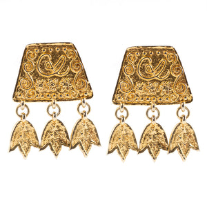 Christian Lacroix Signed Vintage Gold Tone Dangle Earrings c. 1980- (Clip-On Earrings) - Harlequin Market