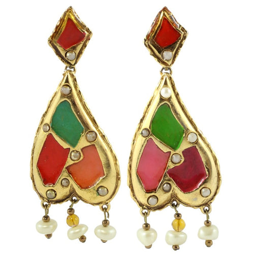 Christian Lacroix Signed Vintage Harlequin Enamel Pearl Gold Tone Earrings c.1990- (Clip-On Earrings) - Harlequin Market