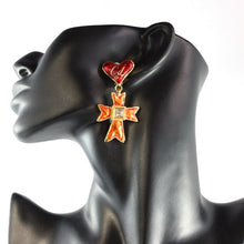 Load image into Gallery viewer, Christian Lacroix Signed Vintage Orange, Red Enamel Cross Earrings c.1990 - ( Clip-On Earrings) - Harlequin Market