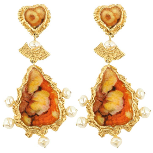 Christian Lacroix Signed Vintage Orange Enamel, Gold Tone, Pearl Drop Earrings c.1990 - ( Clip-On Earrings) - Harlequin Market