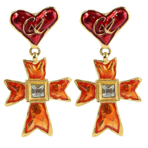 Christian Lacroix Signed Vintage Orange, Red Enamel Cross Earrings c.1990 - ( Clip-On Earrings) - Harlequin Market