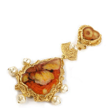 Load image into Gallery viewer, Christian Lacroix Signed Vintage Orange Enamel, Gold Tone, Pearl Drop Earrings c.1990 - ( Clip-On Earrings) - Harlequin Market