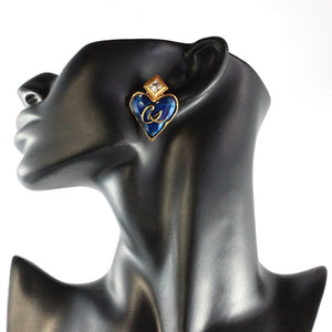 Christian Lacroix Signed Vintage Blue Enamel - Gold Plate Heart Motif Earrings c. 1980 (Clip-ons) - Harlequin Market