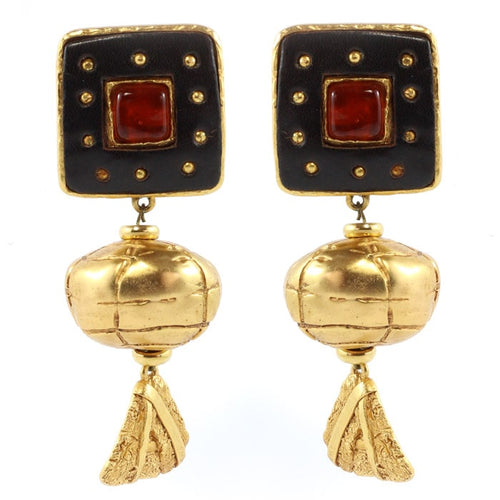 Christian Lacroix Signed Vintage Large Black Leather, Poured Glass, Gold-tone Earrings c.1980 - (Clip-On Earrings) - Harlequin Market