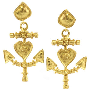 Christian Lacroix Signed Vintage Gold Tone Heart & Anchor earrings c.1990- (Clip-On Earrings) - Harlequin Market