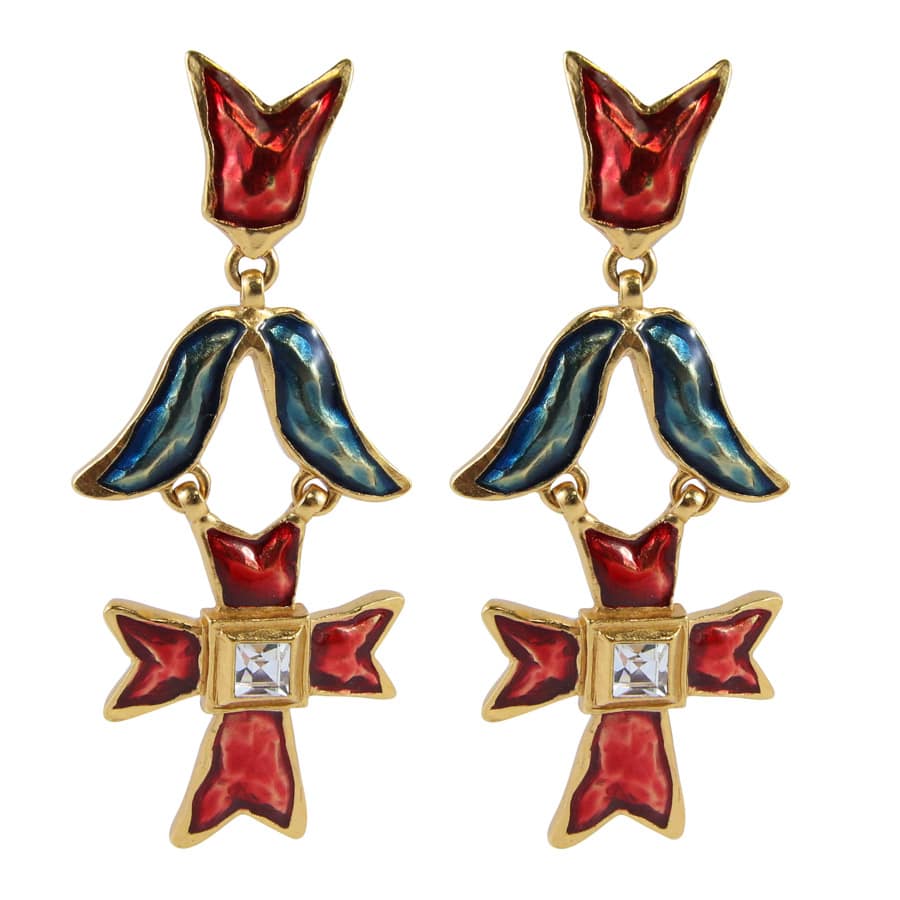 Christian Lacroix Signed Vintage 1990s Red & Blue Enamelled Cross Design Statement Earrings (Clip-on) - Harlequin Market