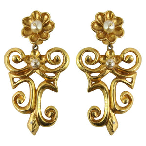 Christian Lacroix Signed Vintage Gold-tone Swirl & Flower Statement earrings c.1990 (Clip-on) - Harlequin Market