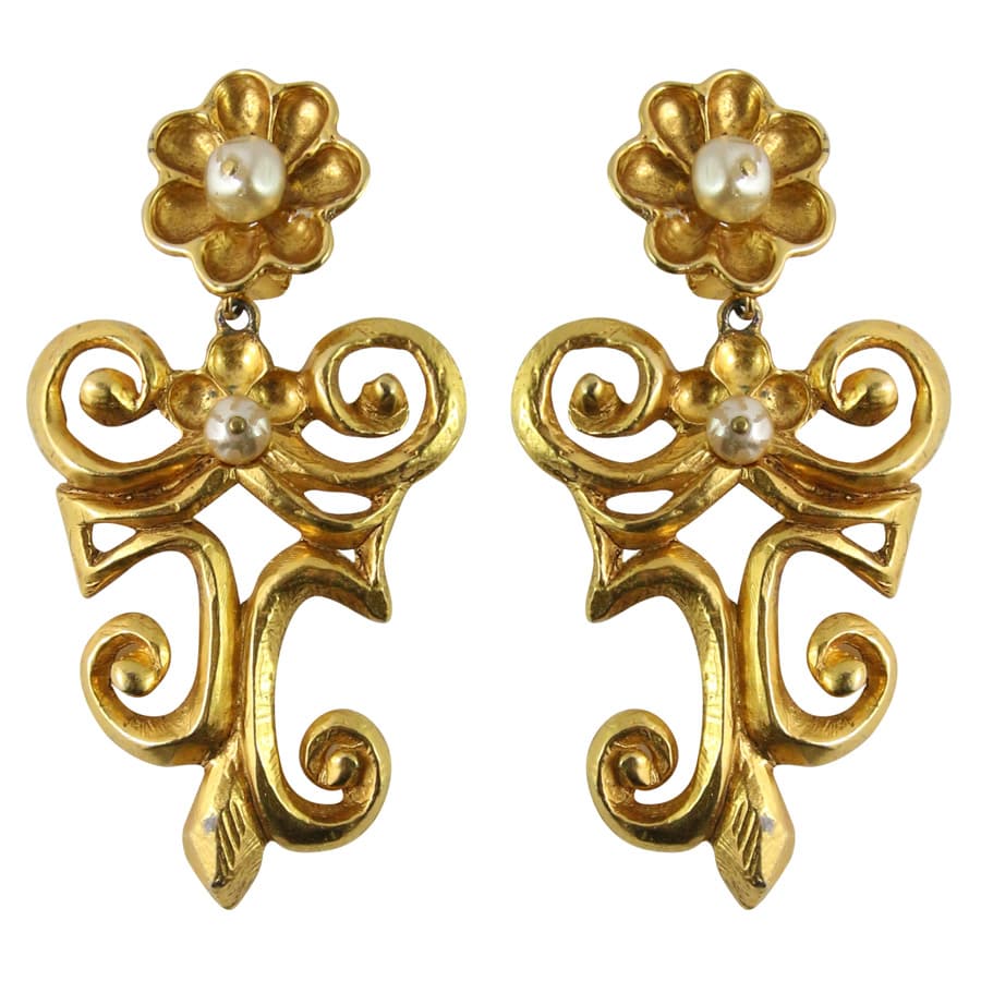 Christian Lacroix Signed Vintage Gold-tone Swirl & Flower Statement earrings c.1990 (Clip-on) - Harlequin Market