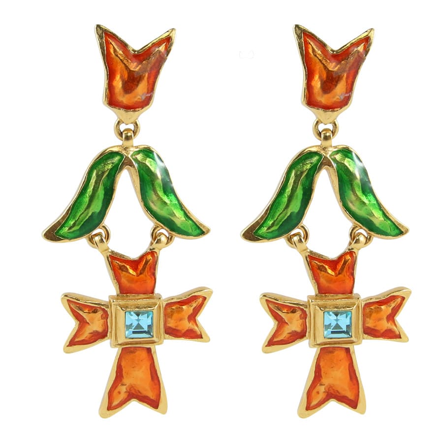Christian Lacroix Signed Vintage 1990s Orange & Green Enamelled Cross Design Statement Earrings (Clip-on) - Harlequin Market