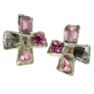 Christian Lacroix Signed Vintage Silver-Tone & Pink Bejewelled Cross Earrings c. 1990 (Clip-on) - Harlequin Market