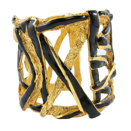 Christian Lacroix Signed Vintage Beaten Gold & Black Enamel Cross Over Cuff c. 1990s - Harlequin Market