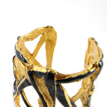 Load image into Gallery viewer, Christian Lacroix Signed Vintage Beaten Gold &amp; Black Enamel Cross Over Cuff c. 1990s - Harlequin Market