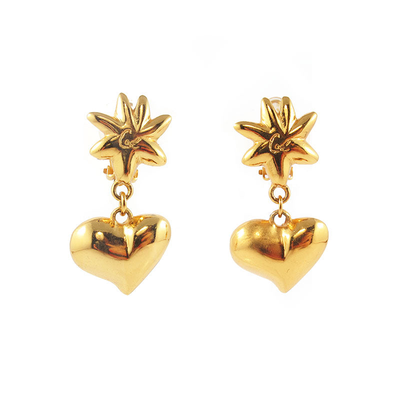 Signed Vintage Christian Lacroix Vintage Golden Sun & Heart Clip On Earrings c. 1980