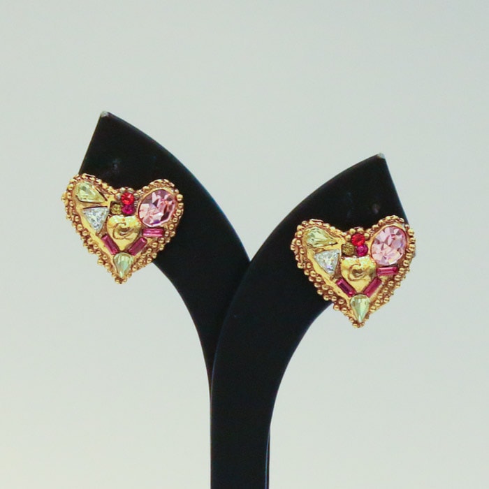 Christian Lacroix Signed Vintage Small Gold Crystal Heart Stud Earrings c.1990 (Clip-Ons) - Harlequin Market